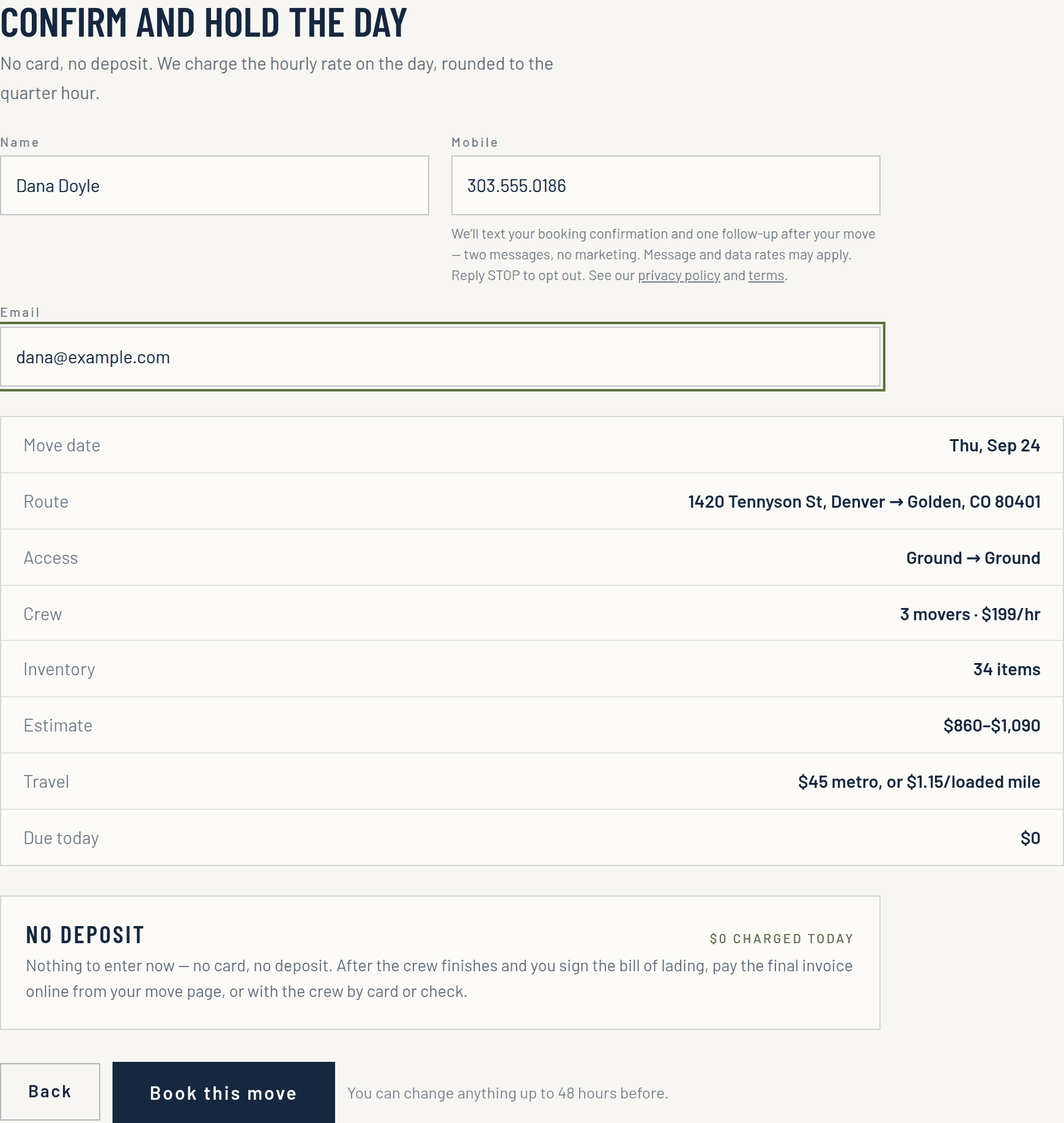 The booking form's confirm step. Under the Mobile field, the SMS consent disclosure appears above the Book this move button.